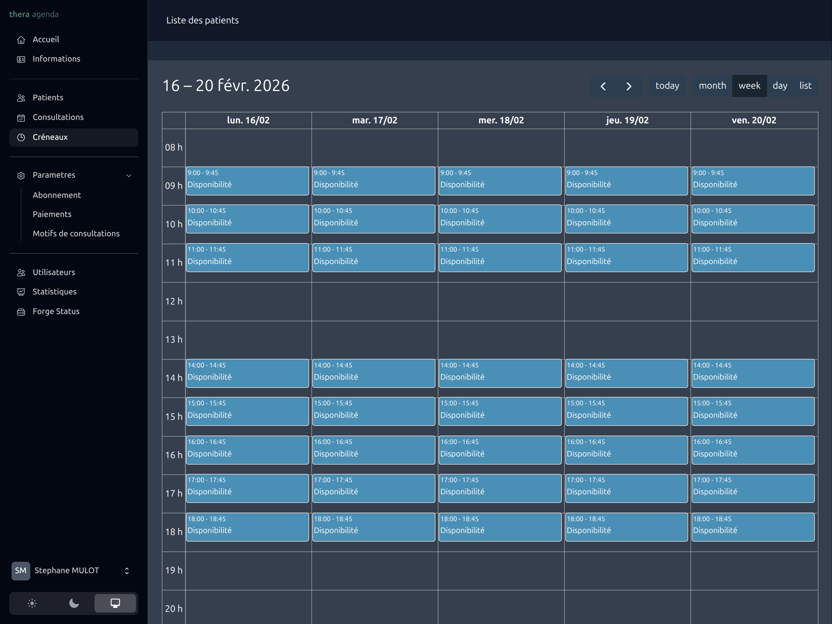 Capture d'écran de l'interface de gestion des créneaux